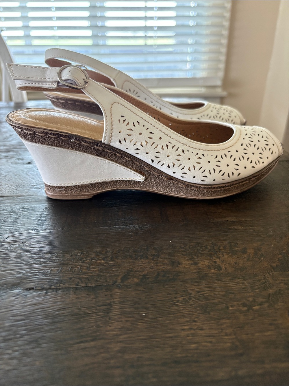 White Perforated Slingback Cork-Effect Wedges